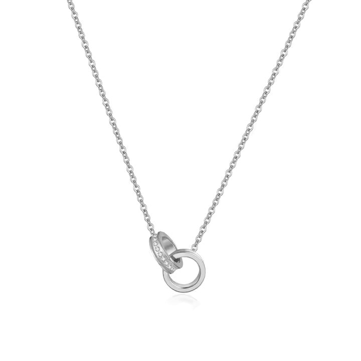 Stainless Steel Double Ring Necklace – Interlocking CZ Eternity Circles, Minimalist Jewelry in Gold and Silver