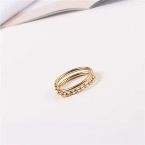 Double Layer Beaded Chain Ring – 18K Gold Plated Stainless Steel Statement Band with Minimalist Stacked Design