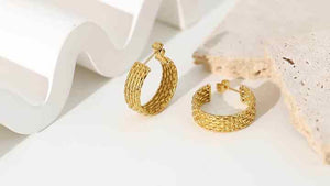 Gold Plated Stainless Steel Chunky Twist Circle Earrings – Bold Stud Huggie Style with Statement CC-Inspired Design