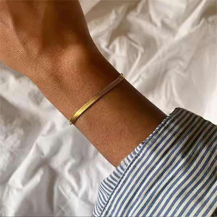 Herringbone Chain Bracelet for Women, 18K Gold Color Stainless Steel, Elegant Flat Snake Link Design, Tarnish Resistant
