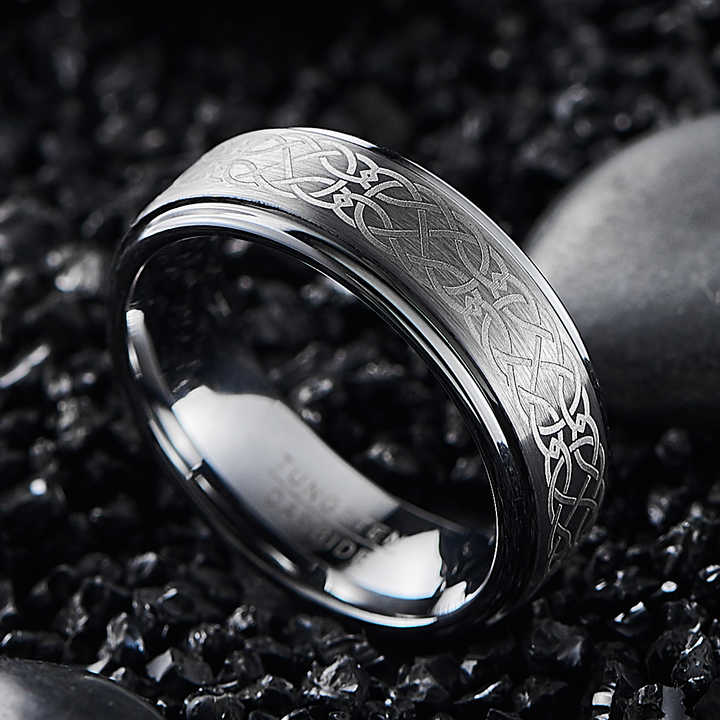 8mm Tungsten Carbide Wedding Band – Laser Engraved Celtic Knot Ring with Stepped Edges and Matte Brushed Finish