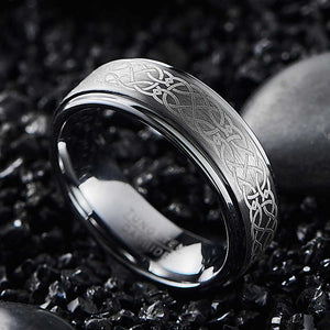 8mm Tungsten Carbide Wedding Band – Laser Engraved Celtic Knot Ring with Stepped Edges and Matte Brushed Finish