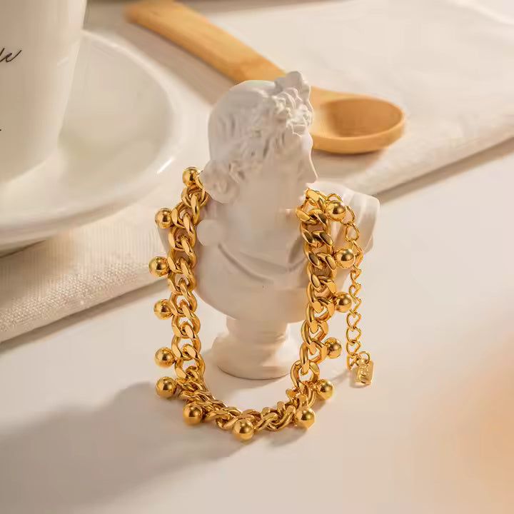 18K Gold Plated Stainless Steel Dangle Ball Chain Bracelet – Cuban Link Gold Chain for Women, Modern Style