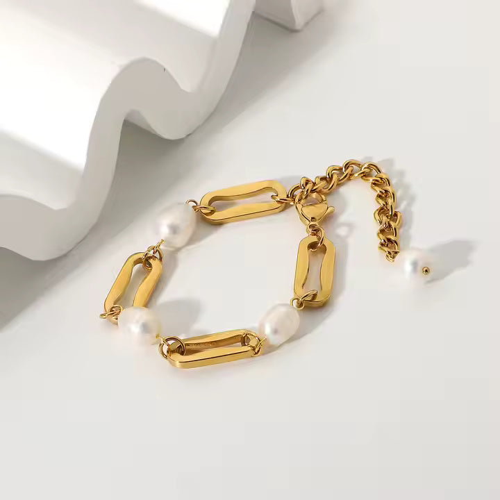 18K Gold Plated Stainless Steel Freshwater Pearl Bracelet – Chunky Gold Link Chain Minimalist Jewelry for Women