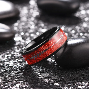8mm Black Tungsten Carbide Ring with Red or Blue Meteorite Inlay and Deer Arrow Design – Hunter Wedding Band