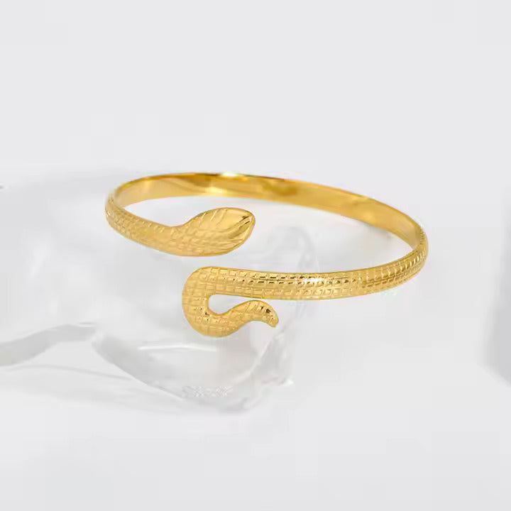 Gold Snake Cuff Bracelet for Women, Textured Stainless Steel Serpent Bangle – Bold Minimalist Jewelry Statement