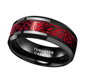 8mm Black Tungsten Carbide Wedding Band with Celtic Dragon Inlay – Red or Green Pattern – Unique Ring for Men, Comfort Fit