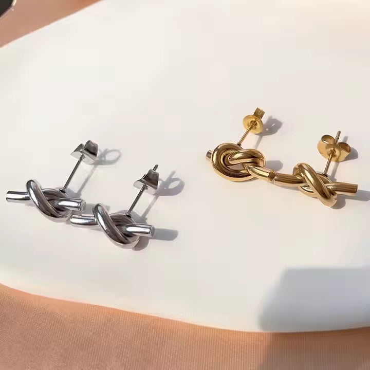 Twisted Rope Knot Stud Earrings – Stainless Steel Minimalist Design in Gold or Silver for Classic Everyday Style