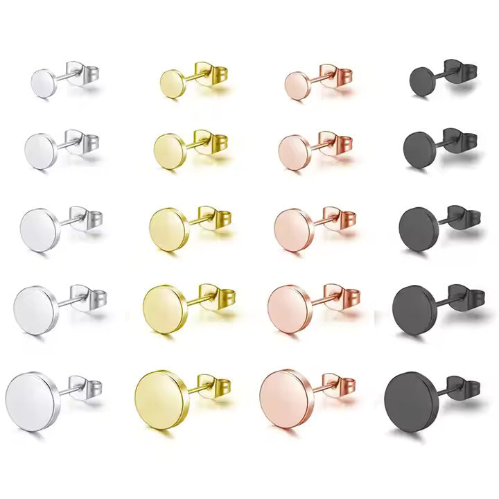 Minimalist Round Flat Stud Earrings for Men & Women, Stainless Steel, Silver Gold Rose Gold Black, Unisex Jewelry
