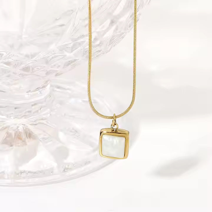 Gold Stainless Steel Necklace with Cushion Mother of Pearl Pendant, Twisted Chain, Elegant Minimalist Jewelry
