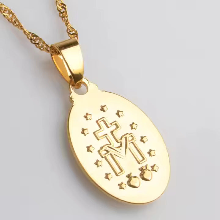 Virgin Mary Pendant Necklace – Stainless Steel Oval Religious Medal Jewelry for Women, Faithful Style