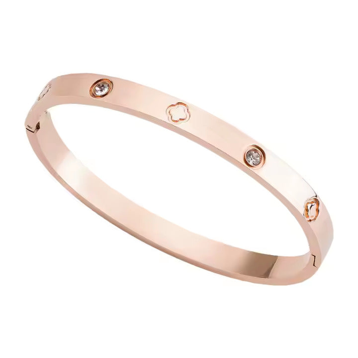 Clover Design CZ Bangle Bracelet, Stainless Steel with Cubic Zirconia, Gold, Silver & Rose Gold Colors Available