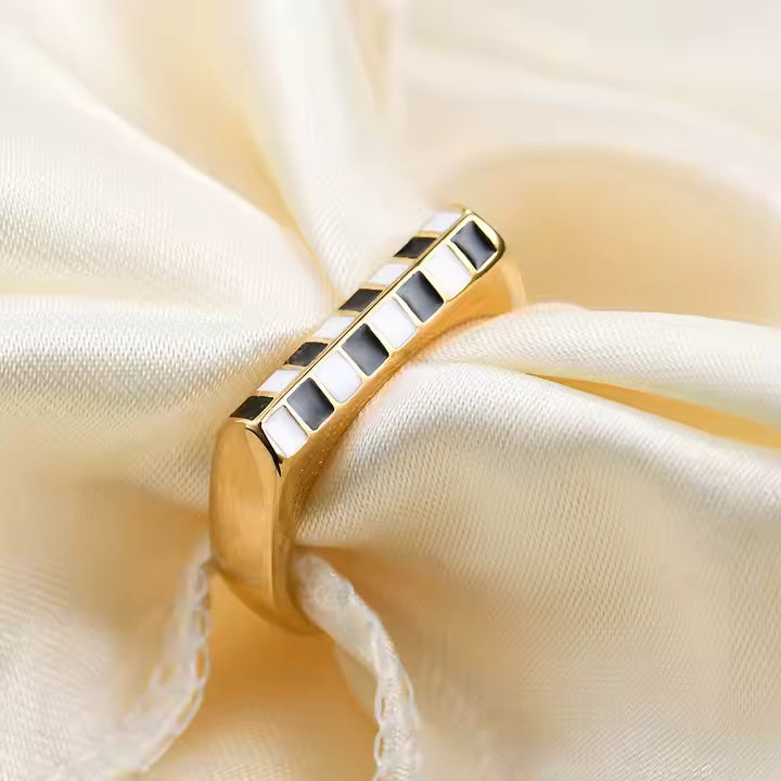 Geometric Checkerboard Enamel Ring – 18K Gold Plated Stainless Steel, Black & White Grid, Bold Rectangle Statement