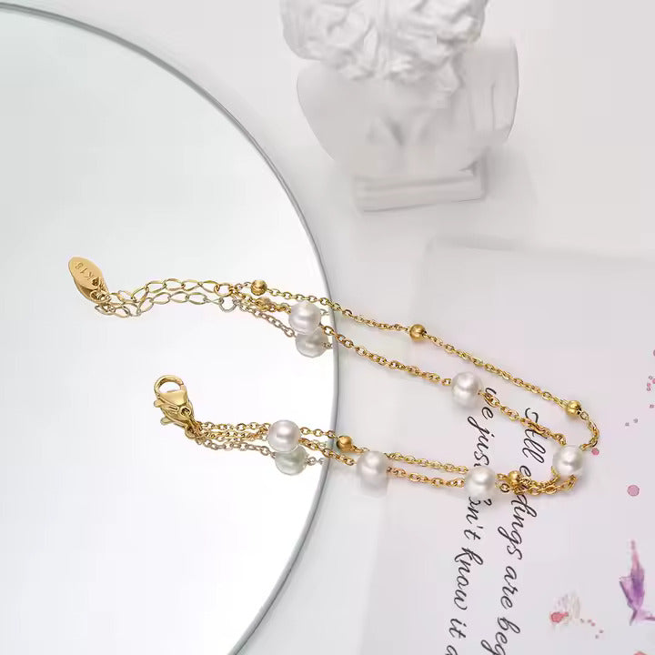 Dainty Pearl Beaded Chain Bracelet, Double Layer Stainless Steel in Gold or Silver, Adjustable Fit