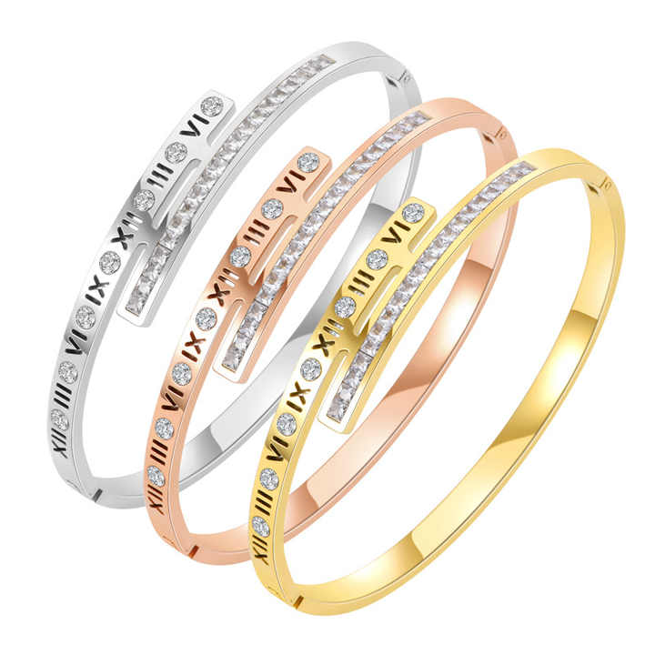 Roman Numeral Bangle Bracelet – Gold Plated Stainless Steel with Cubic Zirconia Inlay, Minimalist Elegant Style