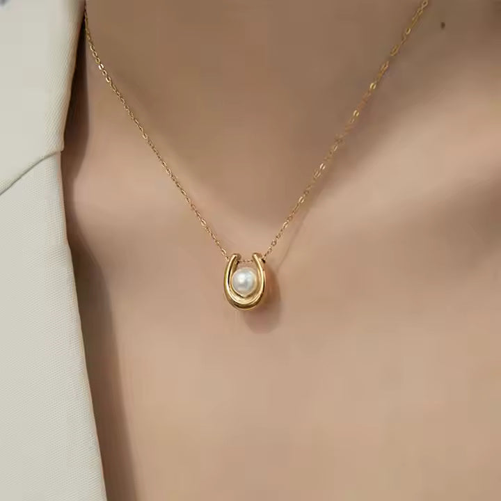 Gold Plated Stainless Steel Horseshoe Pendant Necklace with Pearl – U Shape Lucky Charm Minimalist Jewelry