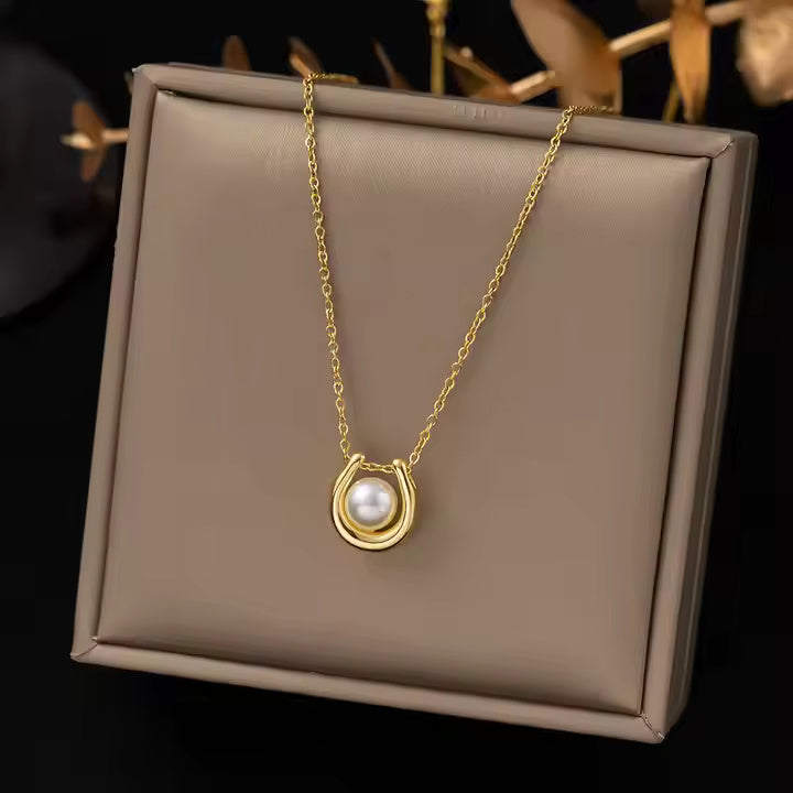 Gold Plated Stainless Steel Horseshoe Pendant Necklace with Pearl – U Shape Lucky Charm Minimalist Jewelry