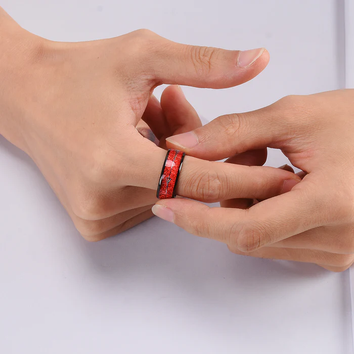 8mm Black Tungsten Carbide Ring with Red or Blue Meteorite Inlay and Deer Arrow Design – Hunter Wedding Band