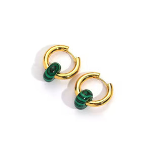 Boho Opal Huggie Earrings in Gold Plated Stainless Steel – Black, Green & White Gemstone Minimalist Hoop Set