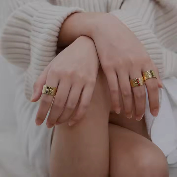 Adjustable Wide Nature Stone Ring – Minimalist 18K Gold Plated Stainless Steel Band with Natural Gemstone Inlay