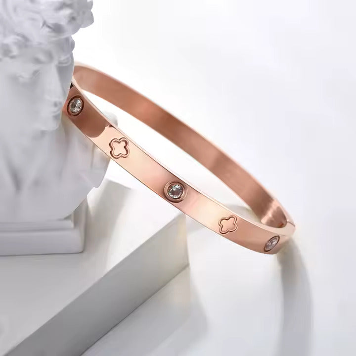 Clover Design CZ Bangle Bracelet, Stainless Steel with Cubic Zirconia, Gold, Silver & Rose Gold Colors Available