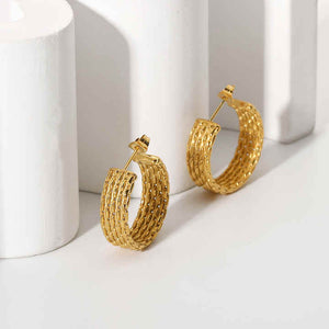 Gold Plated Stainless Steel Chunky Twist Circle Earrings – Bold Stud Huggie Style with Statement CC-Inspired Design