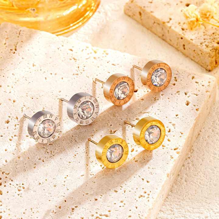 Roman Numeral Stud Earrings with CZ Center, Stainless Steel, Hypoallergenic, Gold, Silver & Rose Gold for Women & Men