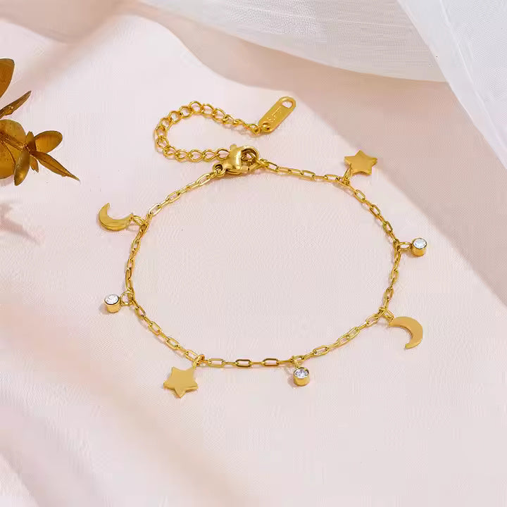 Stainless Steel Multi-Charm Dangle Anklet or Bracelet – Star, Heart, CZ Accents – Gold, Silver & Rose Gold Ankle Jewelry