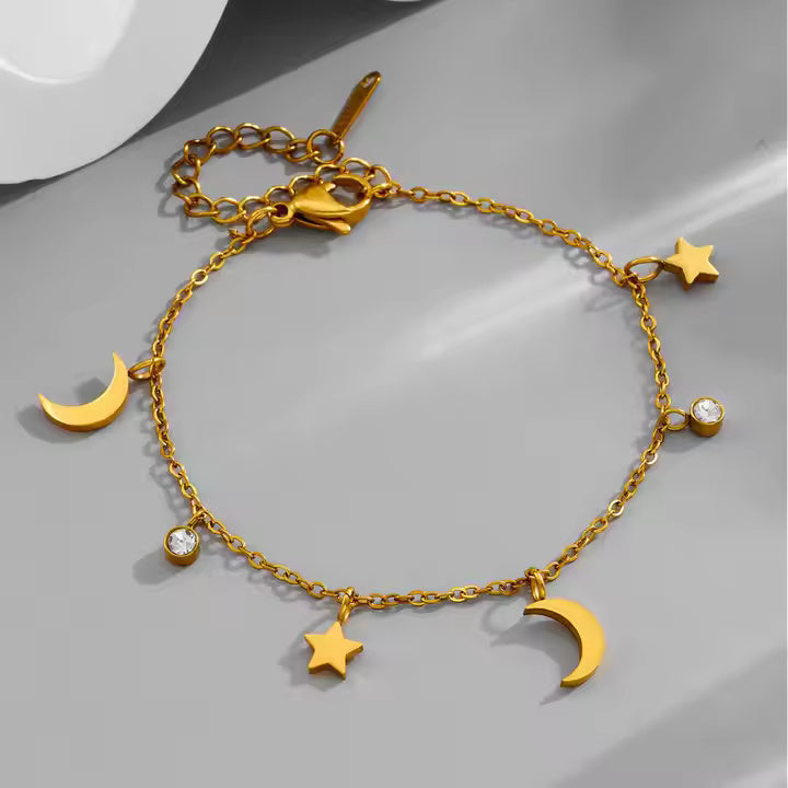 Stainless Steel Multi-Charm Dangle Anklet or Bracelet – Star, Heart, CZ Accents – Gold, Silver & Rose Gold Ankle Jewelry