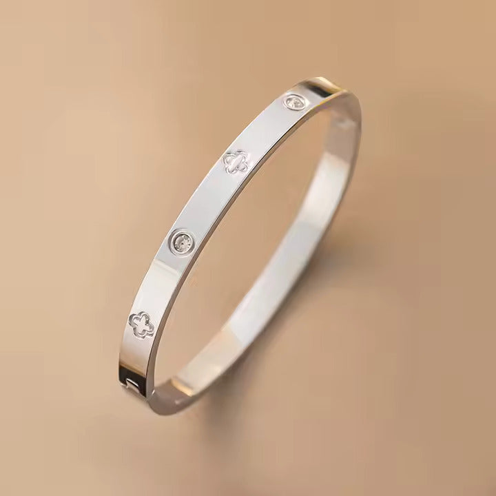 Clover Design CZ Bangle Bracelet, Stainless Steel with Cubic Zirconia, Gold, Silver & Rose Gold Colors Available