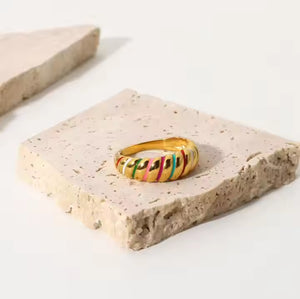 Colorful Enamel Croissant Dome Ring – 18K Gold Plated Stainless Steel, Bold Chunky Band, Modern Statement Jewelry