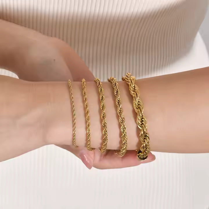 18K Gold & Silver Plated Rope Chain Bracelet for Women – Adjustable Stainless Steel Twisted Chain, Everyday Jewelry