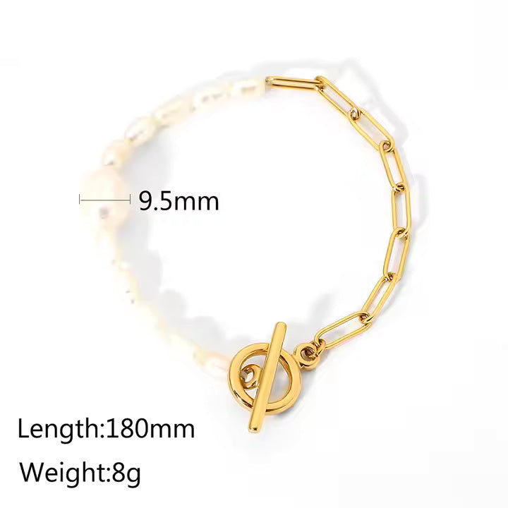 Freshwater Pearl Toggle Bracelet – 18K Gold Plated Stainless Steel Chain with OT Buckle, Chunky & Elegant Design