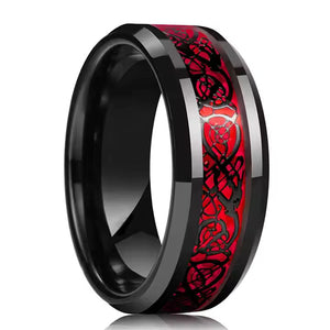 8mm Black Tungsten Carbide Wedding Band with Celtic Dragon Inlay – Red or Green Pattern – Unique Ring for Men, Comfort Fit