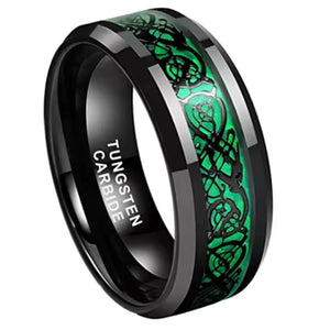 8mm Black Tungsten Carbide Wedding Band with Celtic Dragon Inlay – Red or Green Pattern – Unique Ring for Men, Comfort Fit