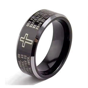 8mm Black Tungsten Carbide Ring with Engraved Cross & Lord's Prayer – Religious Wedding Band for Men & Women – Faith Jewelry