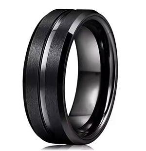 8mm Black Tungsten Carbide Wedding Band for Men – Center Groove Matte Finish Ring – Scratch Resistant Comfort Fit
