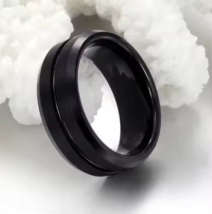 8mm Black Tungsten Carbide Wedding Band for Men – Center Groove Matte Finish Ring – Scratch Resistant Comfort Fit