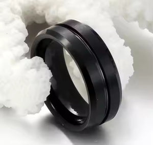 8mm Black Tungsten Carbide Wedding Band for Men – Center Groove Matte Finish Ring – Scratch Resistant Comfort Fit