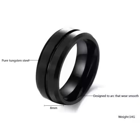 8mm Black Tungsten Carbide Wedding Band for Men – Center Groove Matte Finish Ring – Scratch Resistant Comfort Fit