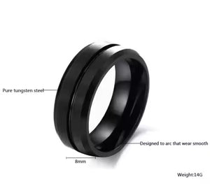 8mm Black Tungsten Carbide Wedding Band for Men – Center Groove Matte Finish Ring – Scratch Resistant Comfort Fit