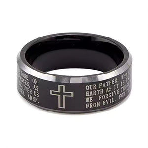 8mm Black Tungsten Carbide Ring with Engraved Cross & Lord's Prayer – Religious Wedding Band for Men & Women – Faith Jewelry