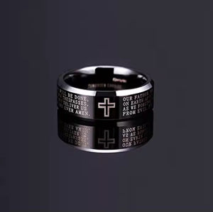8mm Black Tungsten Carbide Ring with Engraved Cross & Lord's Prayer – Religious Wedding Band for Men & Women – Faith Jewelry