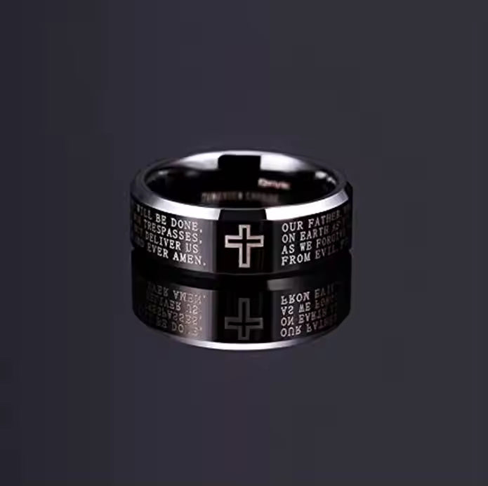 8mm Black Tungsten Carbide Ring with Engraved Cross & Lord's Prayer – Religious Wedding Band for Men & Women – Faith Jewelry
