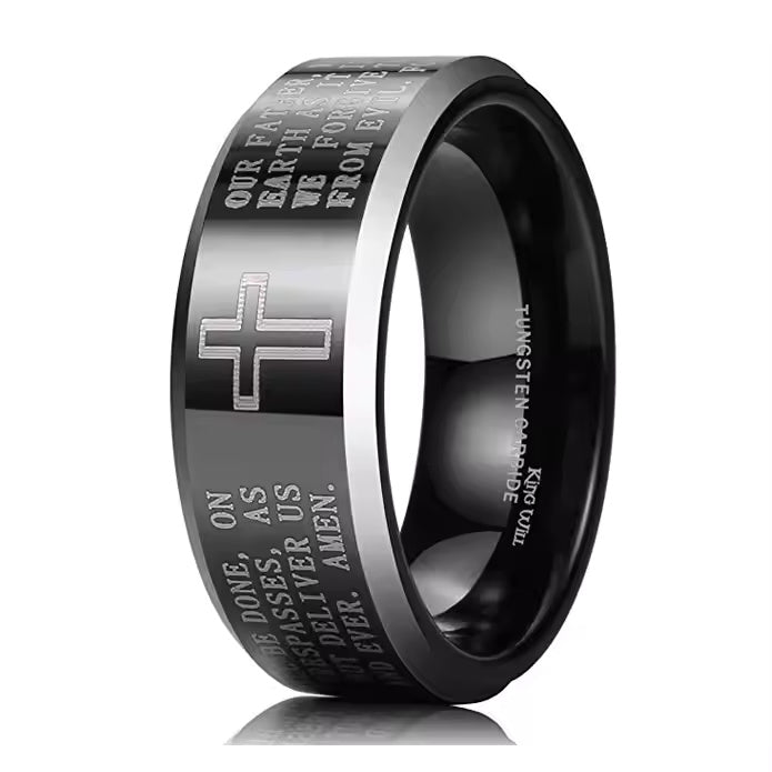 8mm Black Tungsten Carbide Ring with Engraved Cross & Lord's Prayer – Religious Wedding Band for Men & Women – Faith Jewelry
