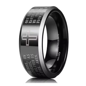 8mm Black Tungsten Carbide Ring with Engraved Cross & Lord's Prayer – Religious Wedding Band for Men & Women – Faith Jewelry