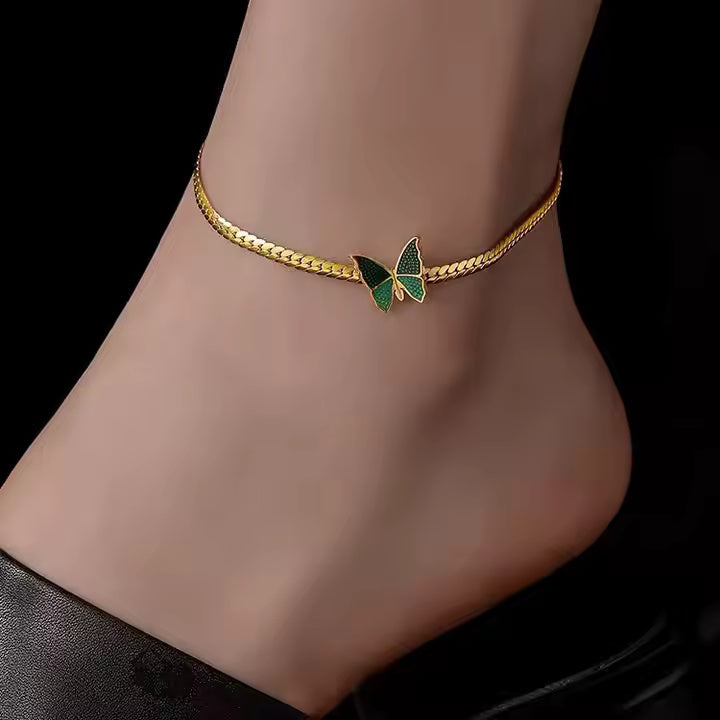 Gold Plated Stainless Steel Green Butterfly Anklet – Dainty Women’s Chain Ankle Bracelet for Summer & Beachwear