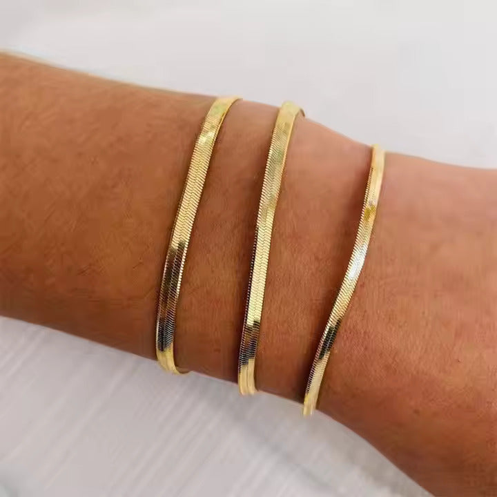 Herringbone Chain Bracelet for Women, 18K Gold Color Stainless Steel, Elegant Flat Snake Link Design, Tarnish Resistant