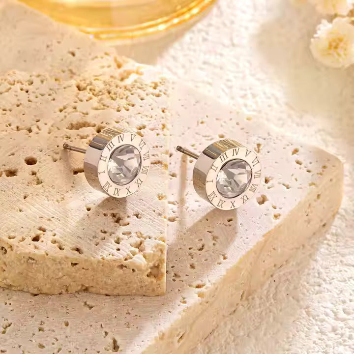 Roman Numeral Stud Earrings with CZ Center, Stainless Steel, Hypoallergenic, Gold, Silver & Rose Gold for Women & Men