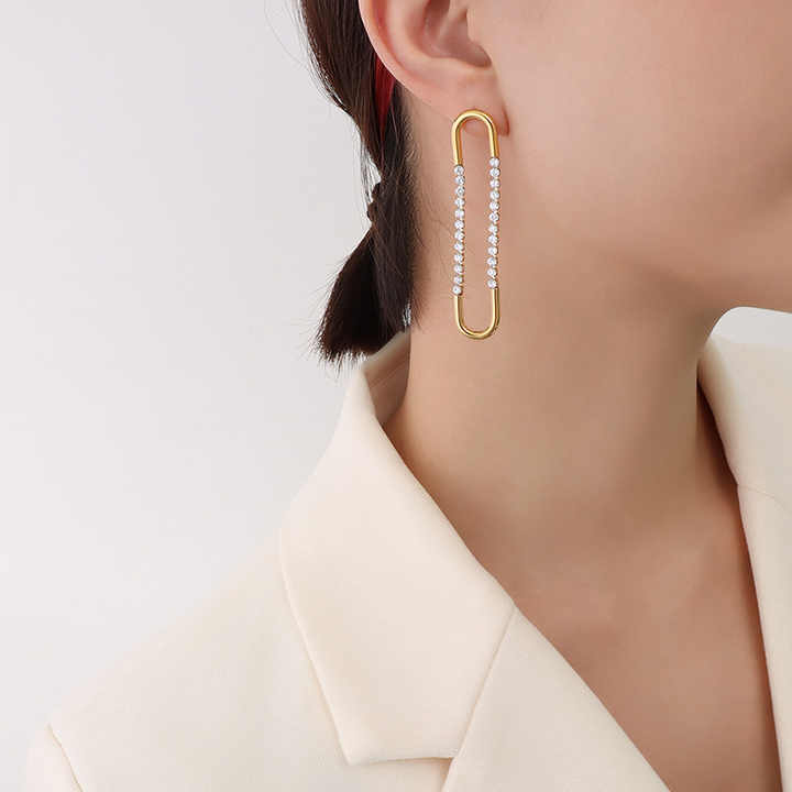 18K Gold Plated U-Shape CZ Drop Stud Earrings for Women, Geometric Stainless Steel Minimalist Dangle Jewelry